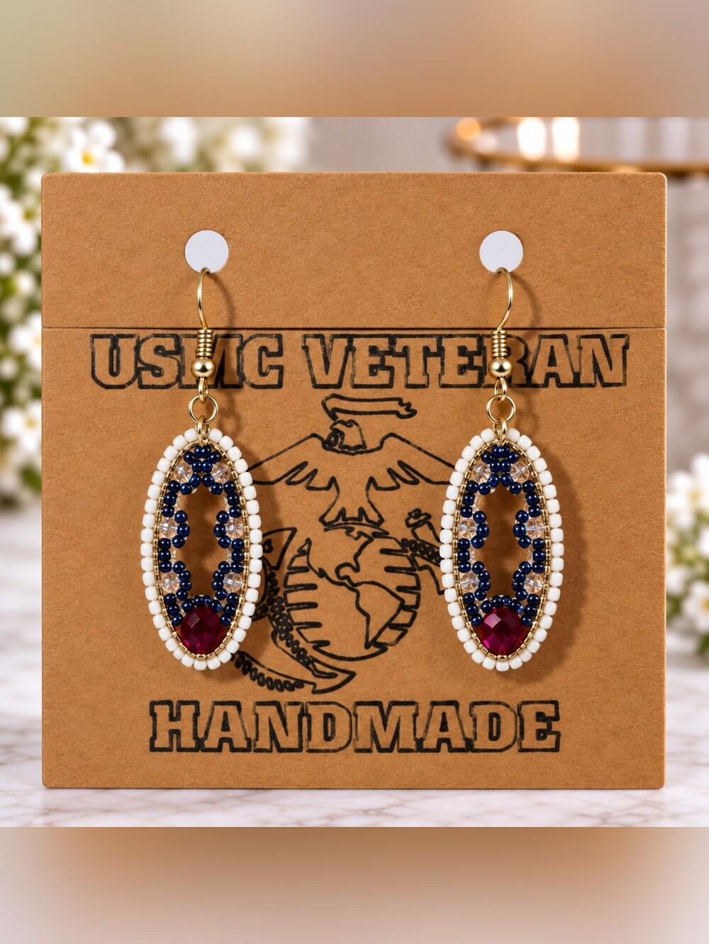 Handmade Patriotic Swarovski Crystal Beaded Earrings USMC Veteran Made